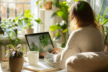 Woman typing on laptop in cozy living room with plants and coffee mug, morning sunlight