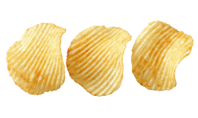 Three ridged potato chips, light golden brown