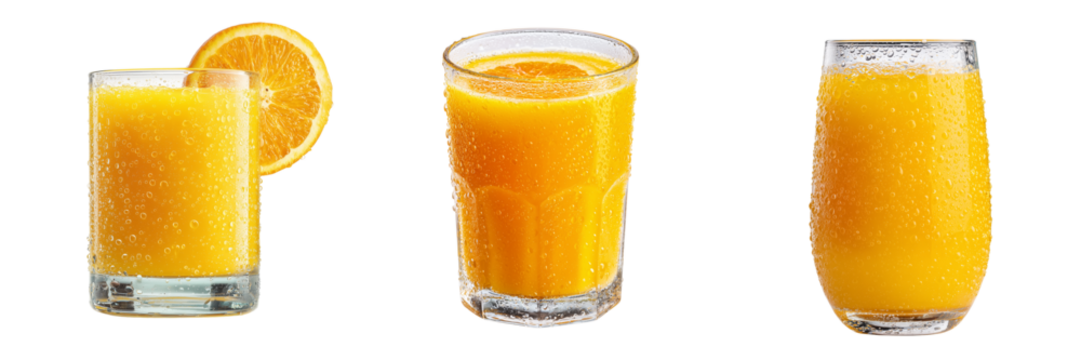 Three glasses of cold orange juice with condensation and orange slice isolated on a transparent background