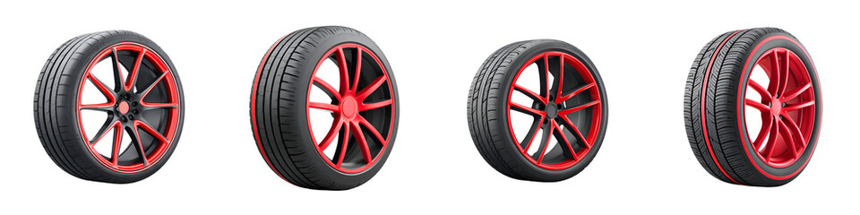 Obraz premium Set of Four Modern Car Wheels with Red Rims Isolated on White Background