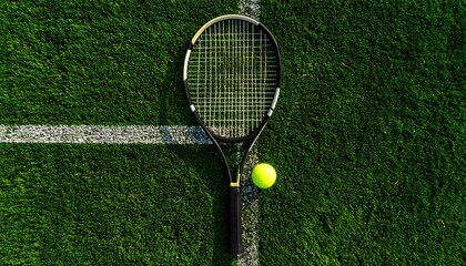 Overhead shot of a tennis racket and ball on a lush green grass court with a white line marking the boundary of the playing area