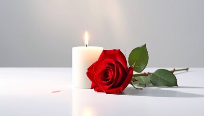 Serene Remembrance: A solitary red rose and a softly glowing candle evoke feelings of peace and tranquility, perfect for conveying sympathy and reflection.