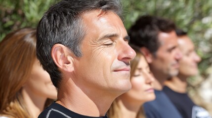Mindfulness meditation practice outdoor setting group of people calm environment close-up view relaxation techniques