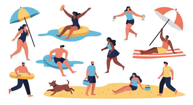 A diverse group of men and women of various ages and ethnicities enjoying summer activities at the beach or by the pool. - Powered by Adobe