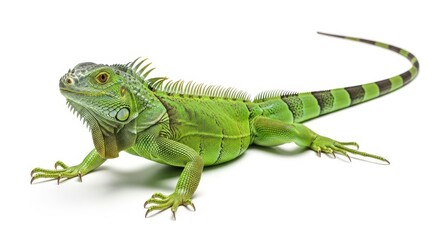 Obraz premium Green Iguana on White Background - A vibrant green iguana, showcasing its textured skin and spiky dorsal crest, resting against a clean white backdrop