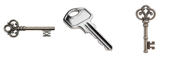 Three antique and modern metal keys with ornate and simple designs isolated on a transparent background