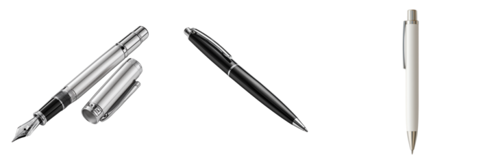 Silver fountain pen with cap and black ballpoint pen and white ballpoint pen isolated on a transparent background