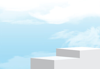 3D vector podium mockup with bright sky and clouds background. Perfect for product presentation, cosmetic branding or showcase scenes. Clean, modern, and realistic lighting for elegant visuals.