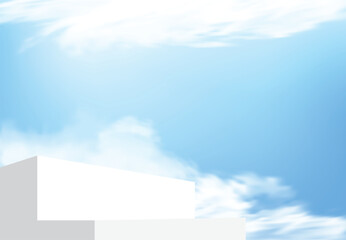 3D vector podium mockup with bright sky and clouds background. Perfect for product presentation, cosmetic branding or showcase scenes. Clean, modern, and realistic lighting for elegant visuals.