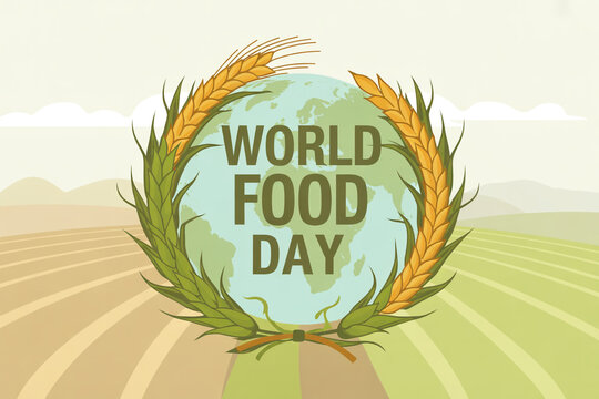 Celebrate World Food Day with a vibrant earth illustration framed by wheat, promoting global awareness and sustainable agriculture for a better future - Powered by Adobe