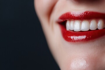 Fototapeta premium Smiling in red: A close-up shot of a radiant smile with vibrant red lips, showcasing perfect teeth and expressing pure joy.