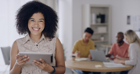 Meeting, portrait and woman with tablet, happy or confident for ad campaign results on social...