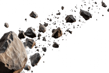 Rocky asteroid field in deep space isolated on a transparent background