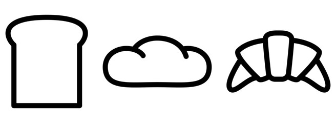 パンのアイコンセット、食パン、コッペパン、クロワッサン。ベクターイラスト。