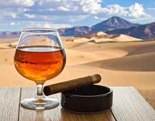 Glass of amber liquid, cigar and desert landscape backdrop