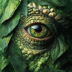 Naklejka premium Close-up of a vibrant green reptilian eye surrounded by lush leaves revealing intricate scales.