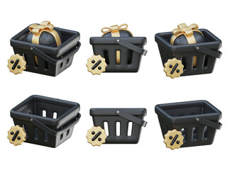 cartoon style black friday shopping basket with discount tag 3D graphic