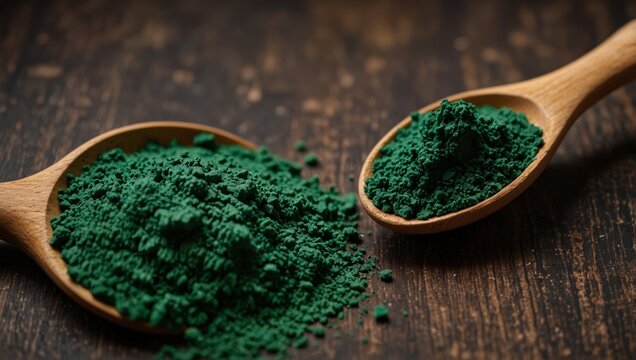 Vibrant green superfood powder likely spirulina or chlorella presented in two wooden spoons on a dark rustic background