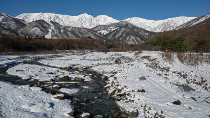 冠雪の北アルプス　山並み　長野県白馬村