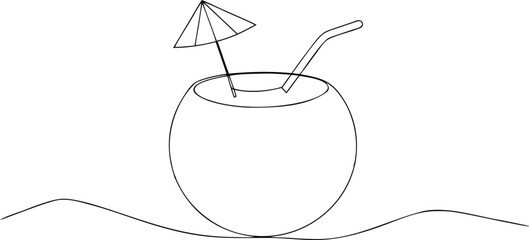 Black and white line drawing of a coconut drink with umbrella and straw