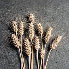 Multiple golden dried wheat ears with long awns arranged on a dark gray textured background