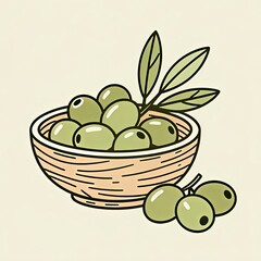 An illustration shows a wooden bowl brimming with green olives and olive leaves Several individual olives are placed