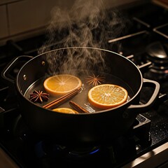 Steaming pot of simmering water with fresh orange slices cinnamon sticks and star anise on a dark stovetop burner