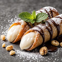 Two golden cannoli with white creamy filling drizzled chocolate powdered sugar mint leaves and scattered nuts on a dark
