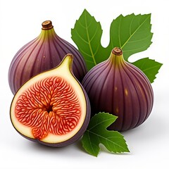 Fresh purple figs two whole and one cut showing vibrant red pulp and seeds Green fig leaves on a white background