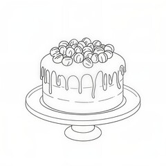 Line art illustration of a round cake with dripping frosting and berries on a cake stand Isolated on white background