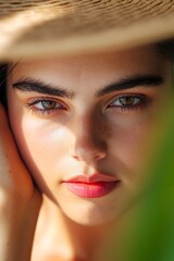 A close up of a woman wearing a straw hat