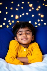 A little boy laying on a bed with his eyes closed