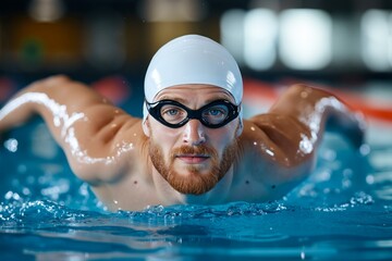 A man in a swimming cap and goggles swimming in a pool