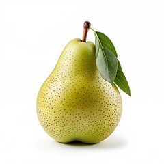 A fresh ripe green pear with a brown stem and two vibrant green leaves stands upright on a white background