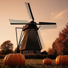Traditional Dutch windmill against a warm autumn sunset with three bright orange pumpkins on the grassy field