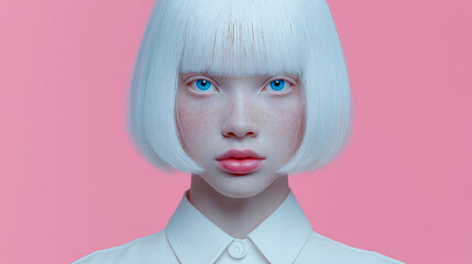 A portrait of an albino Asian girl with freckles and neon blue bob hairstyle in a white shirt, against a plain pink background
