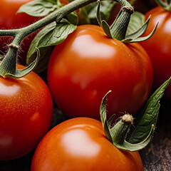 Close up view of fresh ripe red tomatoes still attached to their vibrant green vines and leaves Healthy organic produce
