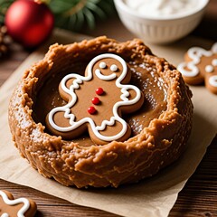 Iced gingerbread man cookie rests within a rustic deep dish gingerbread dessert on brown parchment paper