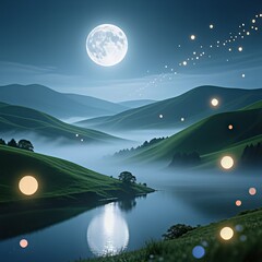 Full moon illuminating a serene landscape with rolling green hills a calm lake and scattered magical glowing orbs