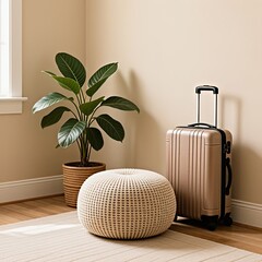 Potted green plant beige knitted pouf and light brown travel suitcase in a modern room with wooden floor and rug
