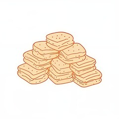 Illustration of numerous stacked square crackers light beige with small holes and textured lines forming a central pile