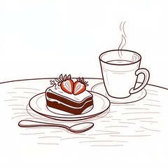 Line art illustration of a chocolate cake slice with strawberries a steaming hot beverage and a spoon on a table