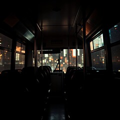 View from inside a deserted bus cabin dark seats in the foreground vibrant city lights blurred beyond wet windows