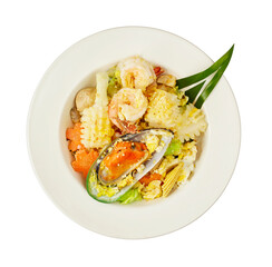 Thai Stir-Fried Seafood Suki with Shrimp, Squid, and Mussel – Isolated on White with Clipping Path