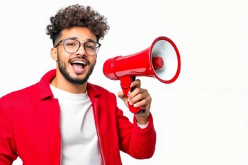 A man in a red jacket holding a red megaphone