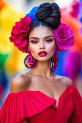 A woman in a red dress with flowers in her hair