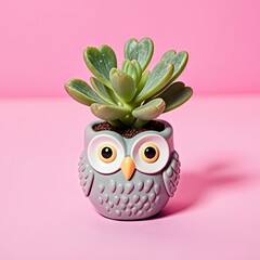 Small green succulent plant growing in a cute gray ceramic owl pot on a vibrant pink background Studio shot