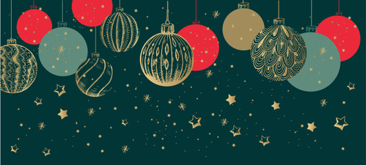 Merry Christmas and New Year set on green background. Hand drawn illustration.	
