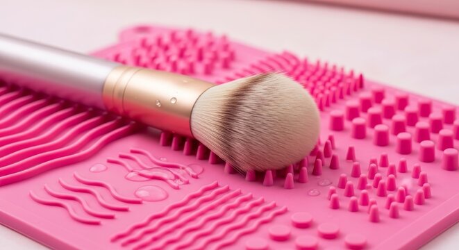Makeup Brush Cleaning Mat - A makeup brush sits on a pink silicone cleaning mat, showcasing the importance of proper hygiene and maintenance for beauty tools