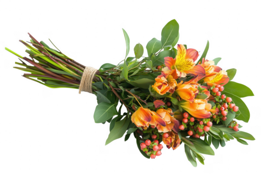 Orange floral arrangement with green foliage isolated on a transparent background